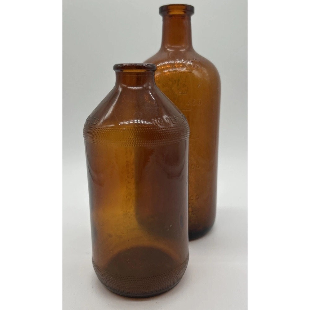 Antique Vintage Duraglas Amber Embossed Cleaning Glass Bottles Pint Duo Brown